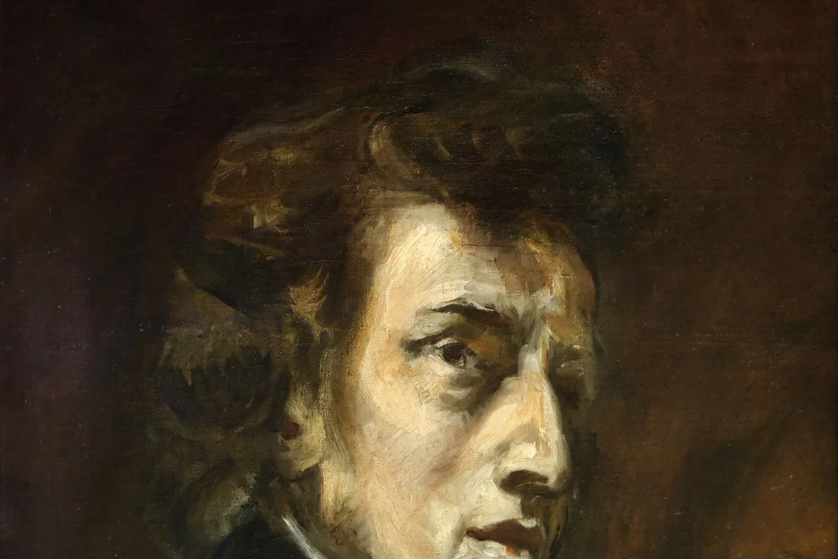 Detail von Delacroix’ gemaltem Porträt Chopins: ein blasses Gesicht mit dunklem, welligem Haar vor braunem Hintergrund